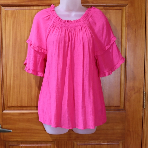 Nanette Lepore Vibrant Pink Ruffled Blouse 3/4 Sleeve Small Boho Chic Top - Picture 2 of 11